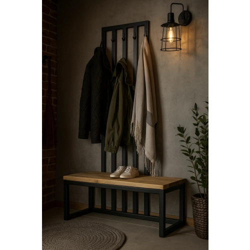 Ławka Metalowa Z Wieszakiem Loft Siedzisko Drewno Lite Dąb LM-113 Rozmiary od 50 cm do 200 cm
